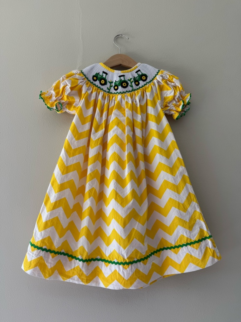 Babeeni Tractor Smocked Dress 2T Yellow Chevron John Deere Summer Embroidered
